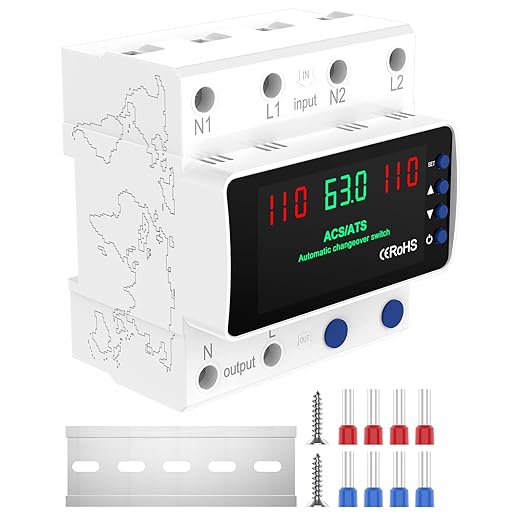 Automatic Transfer Switch 63A 110V Manual Changeover Switch DIN Rail Mount 63Amp AC 2P Dual Power Mini ATS with LED Display for Home Generator &amp Gas Furnace Adjustable Voltage 50/60Hz CE Certif