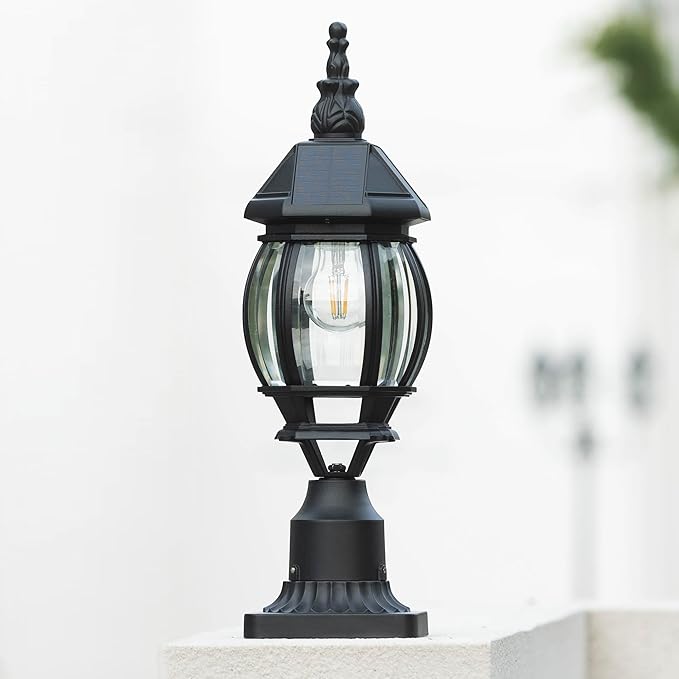 LUTEC Solar Post Light With Pier Mount Base Dusk to Dawn Aluminium Lamp Exterior Black Solar Powered Fence Waterproof for Outside