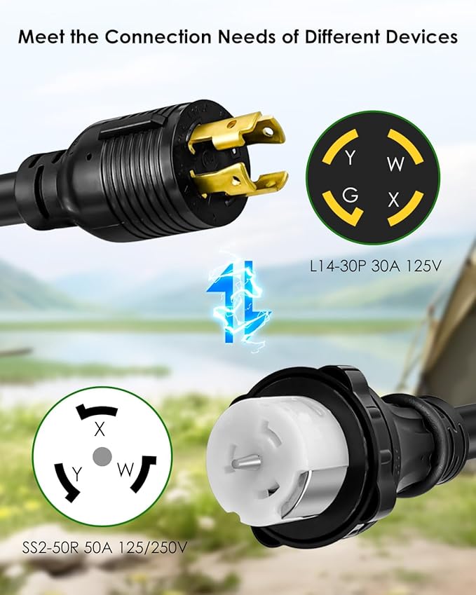 5FT NEMA L14-30P to 50A SS2-50R with Locking Ring 120V/240 30A 4 Prong Male to 4 Prong Twist Lock Receptacle Power Cord Adapter for RV Marine Boat Camper Generator