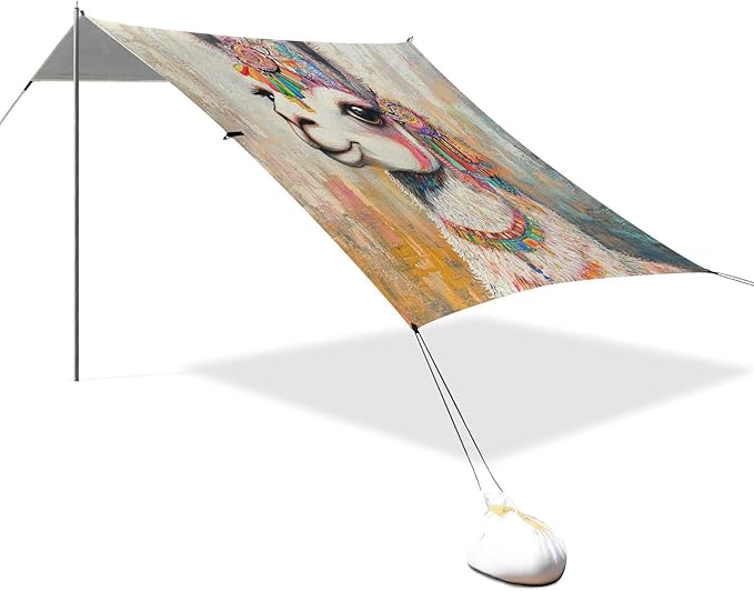 ALAZA Boho Llama Painting Beach Tent Sun Shelter UPF50+ Protection Beach Shade Canopy w/ 4 Sandbags for Outdoor Camping Fishing Backyard Fun Picnic 10x9 ft