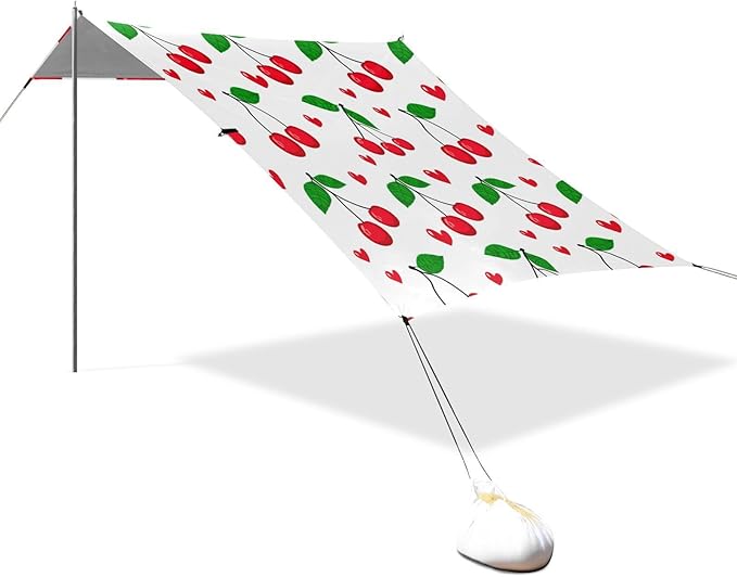 Beach Canopy with Windproof Ropes &amp Sandbags Beach Tent Sun Shade Sun Shelter for Camping Trips Fishing Backyard Fun or Picnics Red Cherries