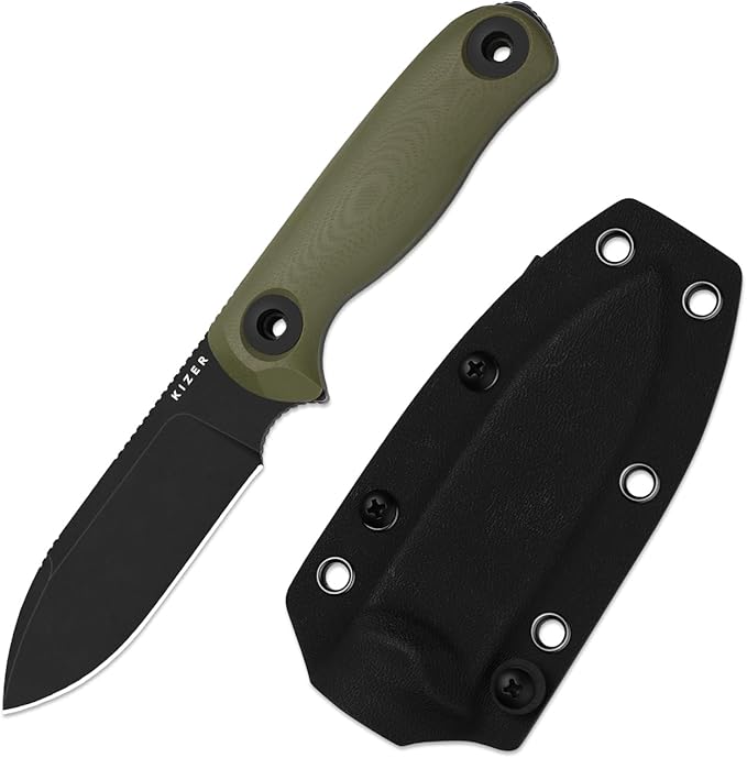 Kizer Drop Bear Fix 3 Fixed Blade Knife 3.8 D2 Blade EDC Camping Knife with Olive Green G10 Handle Small Hunting Knives with Sheath Outdoor Survival Knives with Pocket Clip and Lanyard 1101M1
