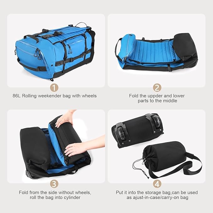 Rolling Duffle Bag with Wheels86L 30”Carry on Luggage with WheelsFolding Travel BagDuffle Backpack with Separate Shoe Compartment (blue)