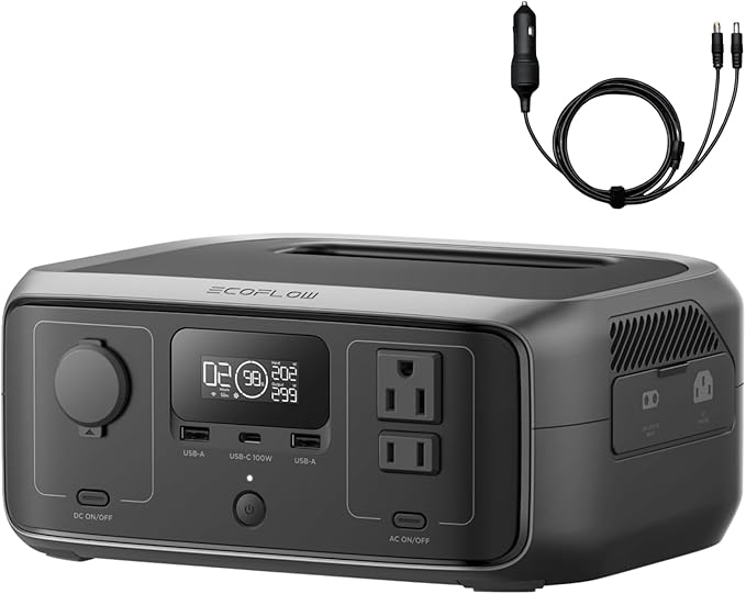 EF ECOFLOW Portable Power Station RIVER 3 with Car Cigarette Lighter to DC Power Adapter 245Wh LFP Power Station 2 Up to 600W AC Outlets &lt20 MS UPS 1Hr Fast Charging Solar Generator for Camping