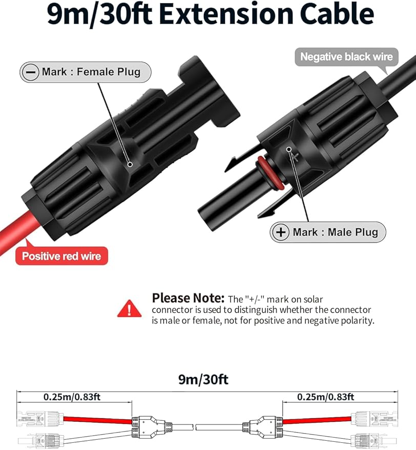 30FT 9M Orange One-Piece Solar Panel Extension Cable 12AWG 4mm² Solar PV Wire with IP68 Female &amp Male Waterproof Connectors Flame Retardant Protective Sleeving for Home RV Solar Energy Systems
