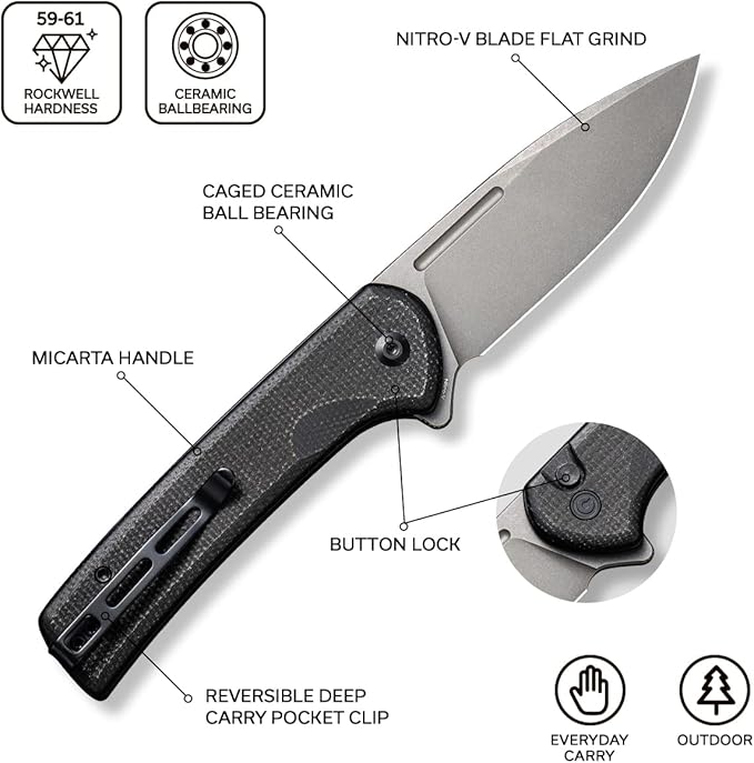CIVIVI Pocket Knife for EDC Conspirator Button Lock Folding Knife 3.48 Nitro-V Blade Black Micarta Handle C21006-1