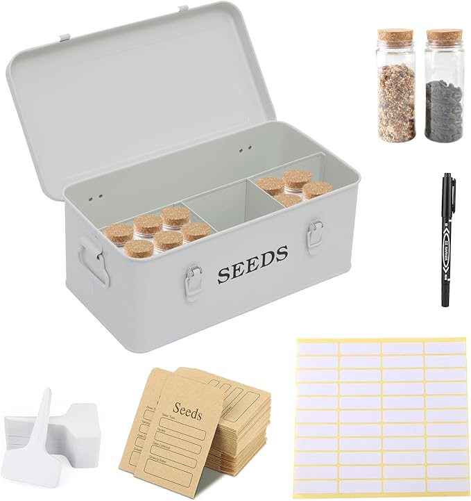 Seed Storage Organizer 4 Compartment Seed Storage Box with Safety Lock Metal Seed Box Seed Packet Container with 1 Pen 12 Slots 20 Plant Labels &amp 30 Seed Envelopes White Gardening Gift