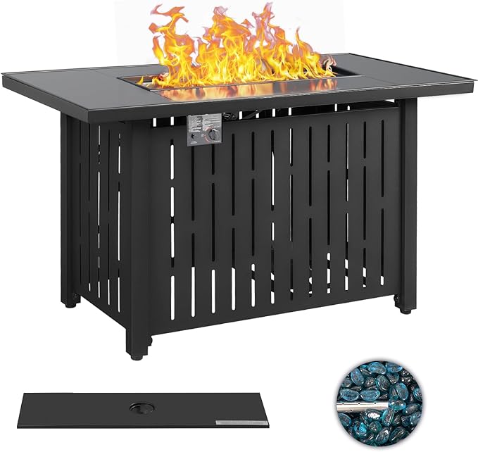 Greesum 44 Propane Gas Fire Pit Table 50000 BTU Outdoor Rectangular FirePit with Lid Rain Cover for Outside Garden Backyard Deck Patio Black