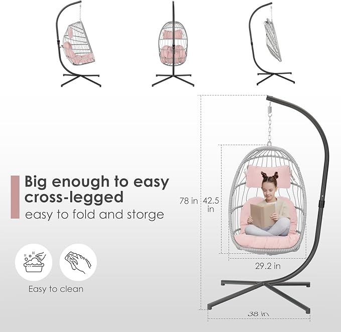 Brafab Pink Egg Chair with Stand Indoor Outdoor Swing Egg Chair Patio Wicker Hanging Chair with Stand Hammock Egg Chairs with UV Resistant Cushion and Aluminum Steel Frame for Bedroom Balcony Garden