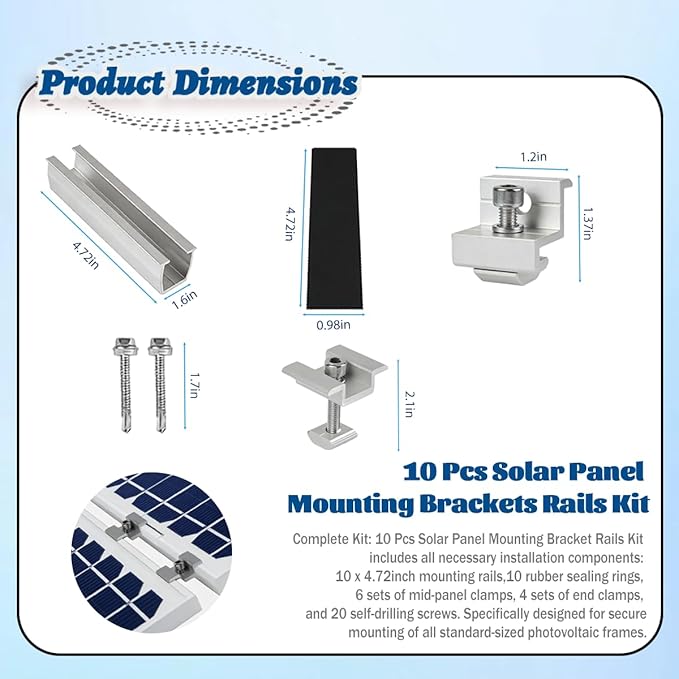 10 Pcs Solar Panel Mounting Brackets Rails KitMetal Solar Panel Mounting BracketsSolar Panel Mid Clamps for Securing All Standard Sized Photovoltaic FramesSolar Panel Installation