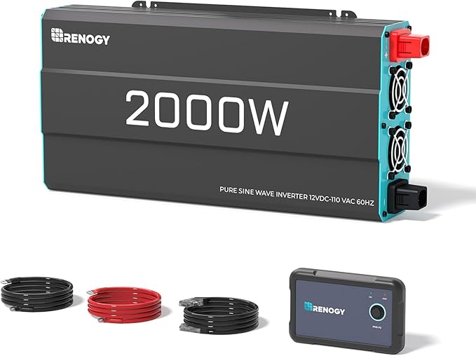 RENOGY REGO 2000W Pure Sine Wave Power Inverter 12V DC to 120V AC 4000W Peak Power 16.4FT Remote Controller Solar/Car/RV Inverter for Emergency Backup Off-Grid Living Camping Truck Outdoor