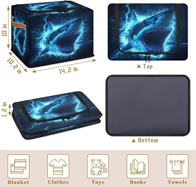 Shark Storage Box with Lid Sea Animals Collapsible Storage Bins Baskets Cubes Closet Shelf Clothes Organizer Containers with PU Leather Handles