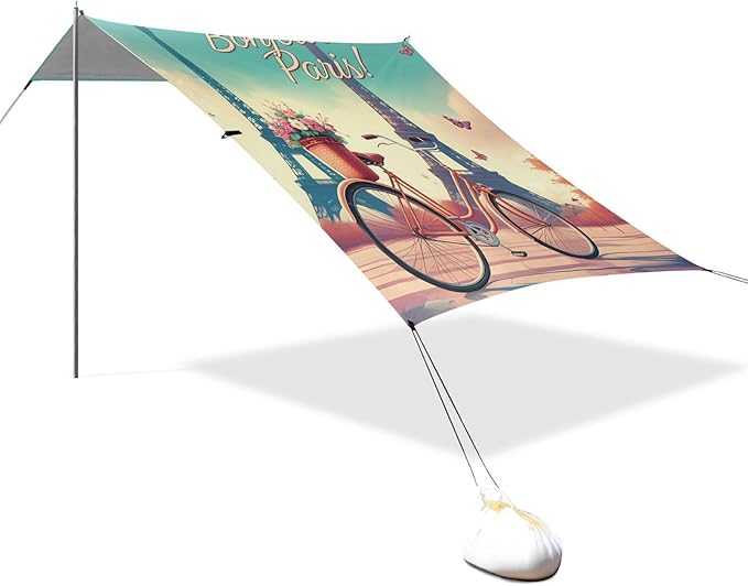 Beach Canopy with Windproof Ropes &amp Sandbags Beach Tent Sun Shade Sun Shelter for Camping Trips Fishing Backyard Fun or Picnics Eiffel Tower