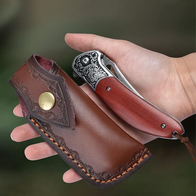 KOMWERO Damascus Pocket Knife for Men Women Sharp VG10 Core Damascus Steel Knife for Outdoor Camping Survival Hunting - Wood Handle Ball Bearing Leather Sheath Liner Lock