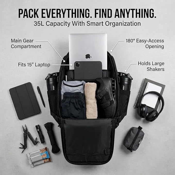 WOLFpak 35L Tactical Gym Backpack (Alpha Black) Durable 1000D Waterproof Oxford Material with MOLLE Webbing Laptop Pocket &amp Dual Cup Holders Durable Fitness/Travel/Military Daypack