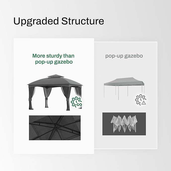 Florise Heavy Duty Gazebo 11 x 13 Ft Outdoor Patio Pavilion with Galvanized Steel Metal Frame and Double Roof Curtain and Netting Included for Outside Garden Yard &amp Lawn