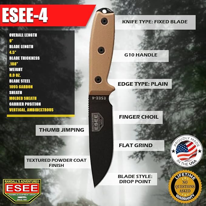 ESEE 4P Survival Knife - Field Tested Fixed Blade Knife with Molded Polymer Sheath &amp Clip Plate Full Tang Plain Edge - Durable Outdoor Camping Blade with Sheath for Survival