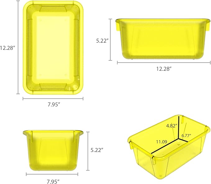 Storex Small Cubby Bins – Plastic Storage Containers for Classroom with Non-Snap Lid 12.2 x 7.8 x 5.1 inches Tint Yellow 5-Pack (62482A05C)
