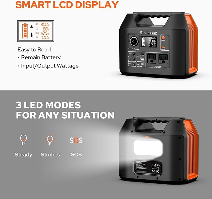 EnginStar Portable Power Station 300W 296Wh Battery Bank with 110V Pure Sine Wave AC Outlet for Outdoors Camping Hunting and Emergency 80000mAh Backup Battery Power Supply for CPAP