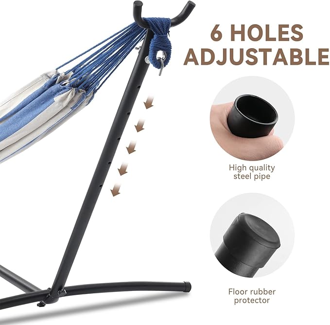 PNAEUT Double Hammocks with Stand for Outside Portable Space Saving Heavy-Duty Steel Stand for Indoor Outdoor Patio with Carrying Bag 450 lbs Capacity (Sky)