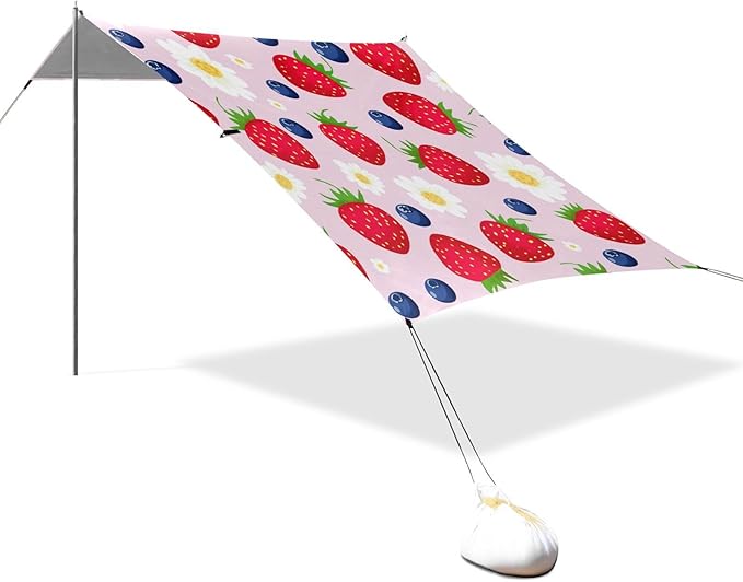 Beach Canopy with Windproof Ropes &amp Sandbags Beach Tent Sun Shade Sun Shelter for Camping Trips Fishing Backyard Fun or Picnics Strawberries
