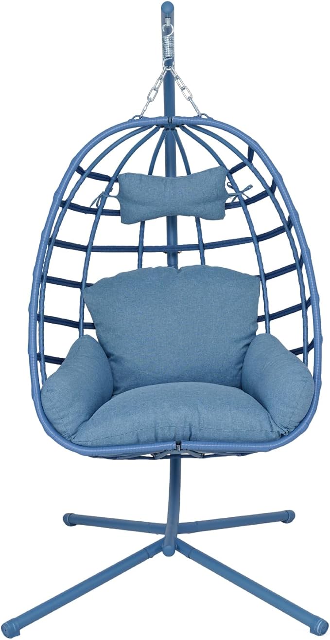 Hanging Egg Chair with Stand Outdoor Indoor Patio Rattan Swing Hammock Chairs with Washable Cushion 350lbs Capacity PE Wicker Swing Chair for Backyard Bedroom Garden (Blue + Blue Cushion)