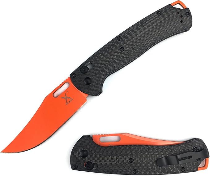 HUAAO Manual Open Folding Knife with 3.43’’ Orange D2 Blade Black Carbon Fiber Handle EDC Pocket Knife with Clip for Camping Hunting