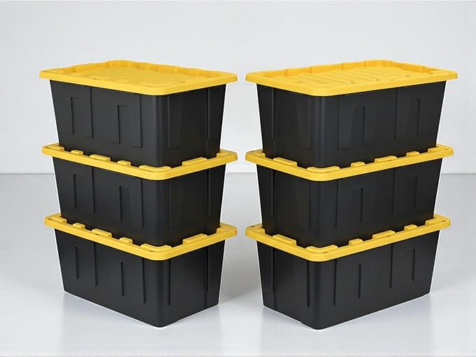 Heavy-Duty Storage Tote with Lid Black and Yellow 40 Gallon 22.0 D x 38.2 W x 16.4 H (6 PACK)