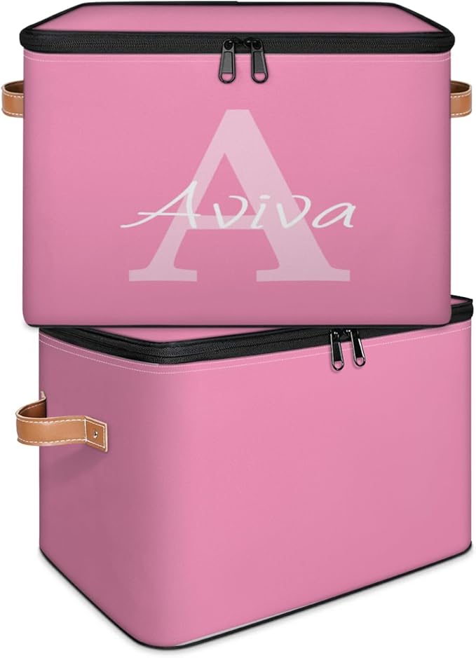 Customized Storage Basket with Initial Name Personalized Keepsake Box with Zipper Lid Foldable Fabric Memory Bin Large capacity with Handle Pink