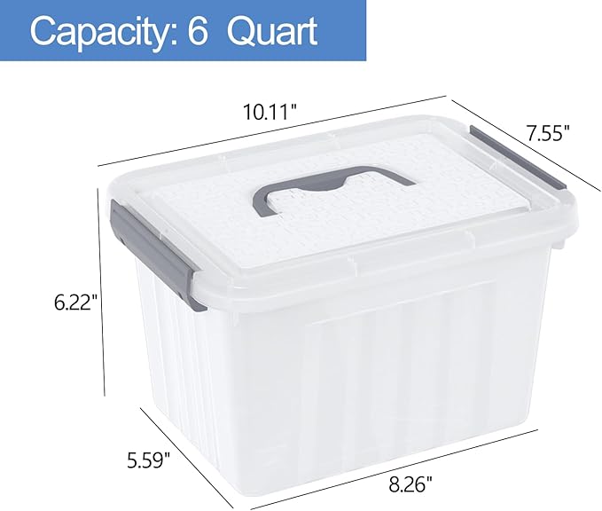 6 Quart Small Clear Latching Bins with Lids Plastic Storage Tote Box with Handle 6 Packs