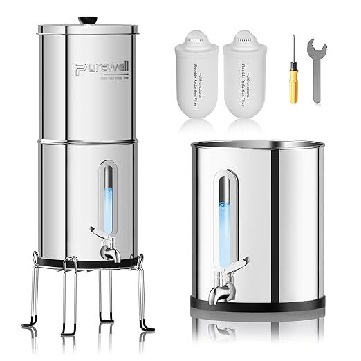 Purewell Upgraded 9-Stage Gravity Water Filter System with Water Level Window 0.01μm Ultra-Filtration Countertop System with 2 Filters and Stand Reduce Fluoride &amp Chlorine BO-FL-2.25G
