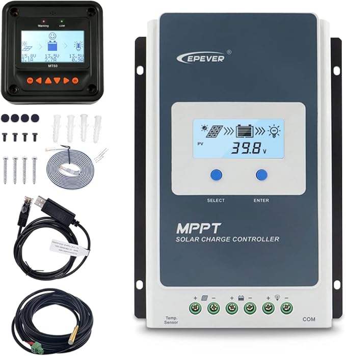EPEVER 40A Solar Charge Controller MPPT 12V / 24V Auto Max.PV 100V Input Negative Ground Solar Panel Charge Regulator with MT50 Remote Meter Temperature Sensor RTS &amp PC Communication Cable RS485