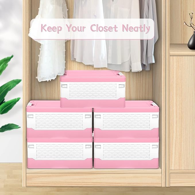 TOPCJ Foldable Storage Bins with LidsCloset OrganizerStackable Plastic Storage Containers with Secure Latching BucklesPerfect Storge Box Organization for Homehome Office(Pink)