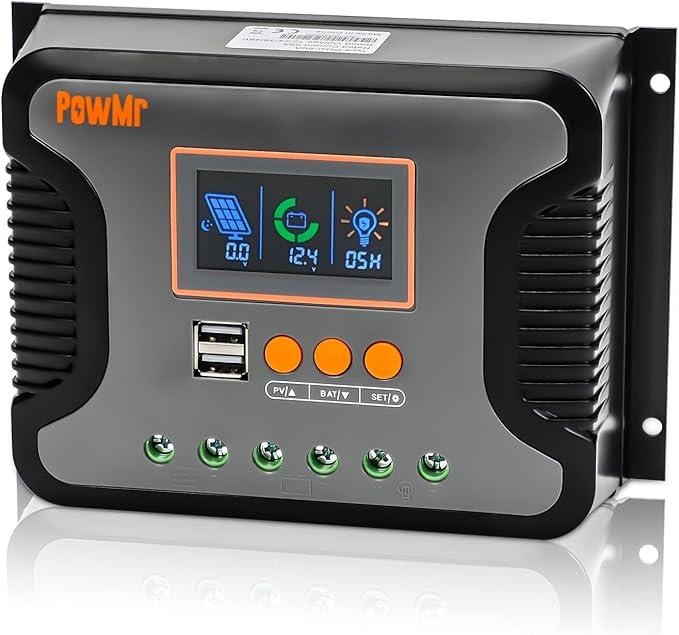 PowMr 30A 12V/24V/36V/48V PWM Solar Charge Controller w/ LCD Display USB Port for AGM Gel Flooded and Lithium Batteryfor RVs YachtsOff-Gird Max PV 100VDC360W-1440W Off-Gird Solar Controller