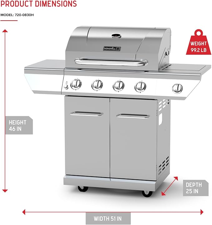 Nexgrill 4-Burner Propane Gas Grill in Stainless Steel with Side Burner 60000BTUs 626 sq. in. Cooking Space Perfect for Outdoor Cooking &amp Grilling Patios BBQ Backyards Silver 720-0830H