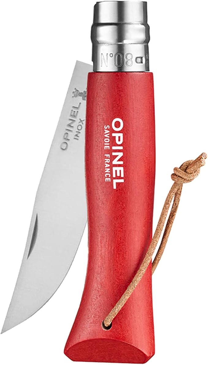 Opinel Colorama Series No. 8 - Stainless Steel Everyday Carry Folding Pocket Knife with Leather Strap Painted Hornbeam Handles
