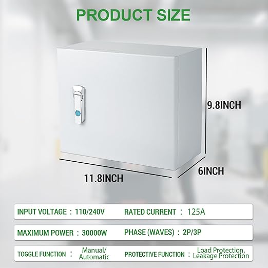 125 Amp 3P Dual Power Automatic Transfer Switch 120/240V Generator Changeover Switch with Metal Electrical Box for Outdoor and Indoor