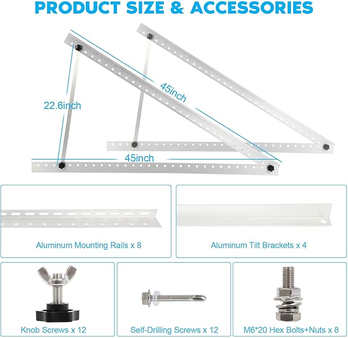 2 Sets 45in Solar Panel Mount Brackets Adjustable Solar Panel Tilt Mount Brackets with Foldable Tilt Legs Support up to 100-600 Watt Solar Panel Mounting Brackets for Roof RV Boat and Off-Grid