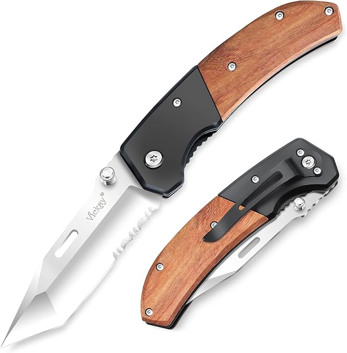 Vickay Pocket Knife Folding Knife with Clip - 3.54″ Tanto Serrated Blade Wood Handle EDC Knife for Men &amp Women Outdoor Camping Tactical Hiking Survival - Father’s Day Gift (Satin Silver)