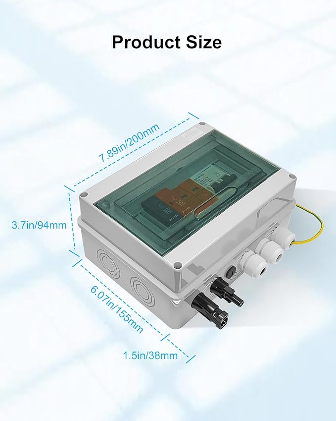600V Solar DC PV Combiner Box 1 String with Lightning Arrester Connector for On/Off Grid Solar Panel System 1 Input 1 Out 32A Fuse 63A Circuit Breaker Waterproof ABS Enclosure