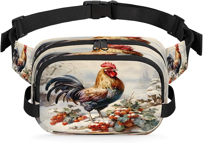 Rooster Berry Snow Waterproof Fanny Pack for Women Men Adjustable Waist Bag with Double Zipper Pockets Lightweight Square Hip Pack for Running Travel Hiking Workout Cycling