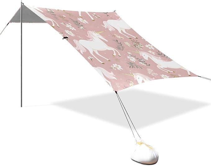 ALAZA White Unicorn Pattern Beach Tent Sun Shelter Portable Canopy Sunshade for Outdoor Camping Picnics Backyard Fun 10x9 ft