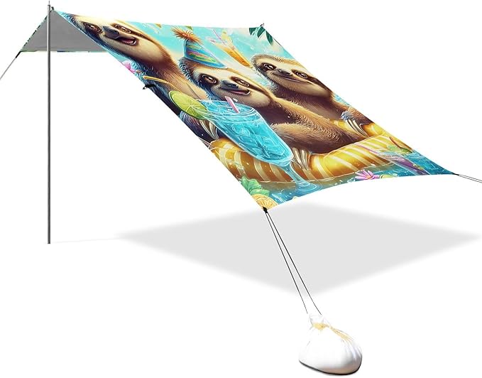 ALAZA Threes Sloth Summer Beach Tent Sun Shelter Portable Canopy Sunshade for Outdoor Camping Picnics Backyard Fun 10x9 ft