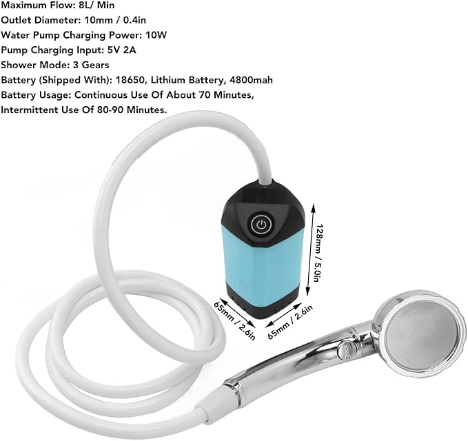 Pilipane Rechargeable Portable Camping Shower 3 Speed Outdoor Shower Pump(Blue)