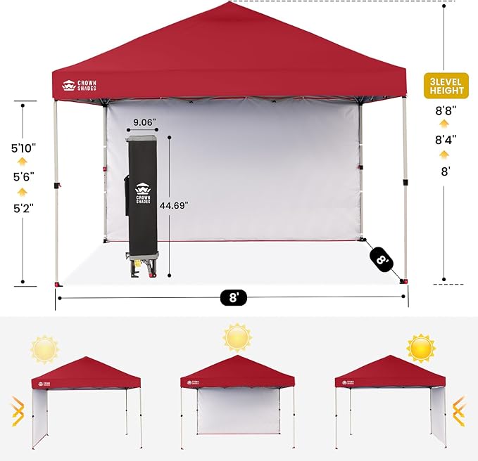 CROWN SHADES 8x8 Pop Up Canopy with 1 Side Wall - Beach Tent with One Push Setup - Outdoor Sun Shade for Events Parties Camping - Gazebo with STO-N-Go Cover Bag (Red)