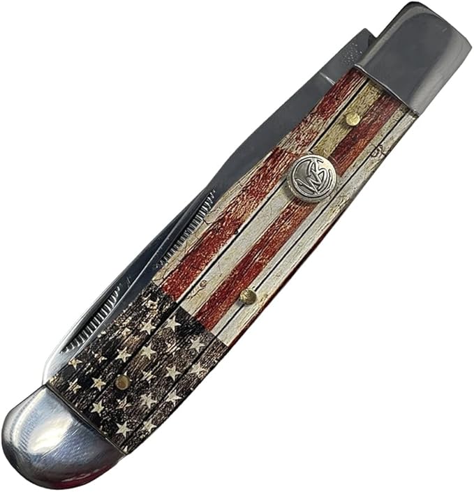 WHISKEY BENT HAT CO. Traditional Trapper Folding Pocket Knife 4.125 Closed Length 440C Stainless Steel Blades (Patriot)