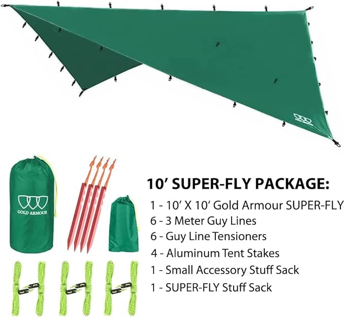 Gold Armour Rainfly Tarp Hammock Premium 14.7ft/12ft/10ft/8ft Rain Fly Cover Waterproof Ultralight Camping Shelter Canopy Survival Equipment Gear Camping Tent Accessories (Green 10ft x 10ft)