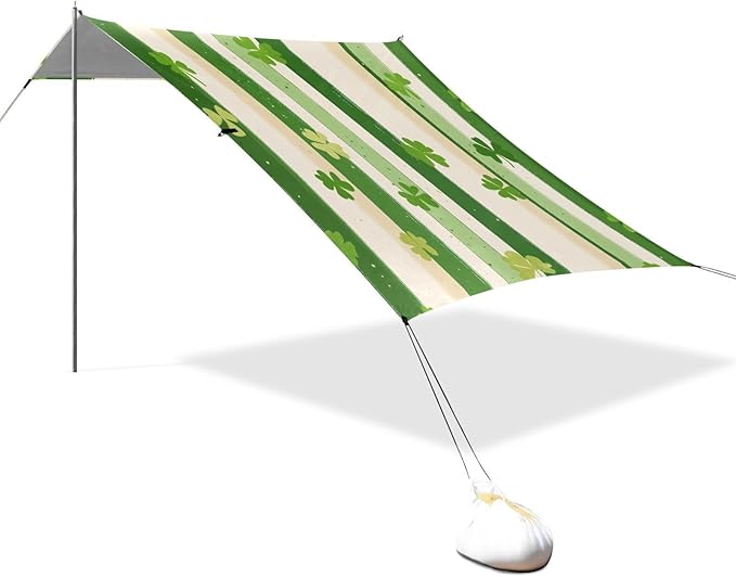 Saint Patrick's Striped Shamrocks Beach Tent Sun Shelter Set UPF50+ UV Protection 10.5 x 9.19 FT Camping Shade Canopy with Sandbags Sand Anchors Carrying Bag and Others