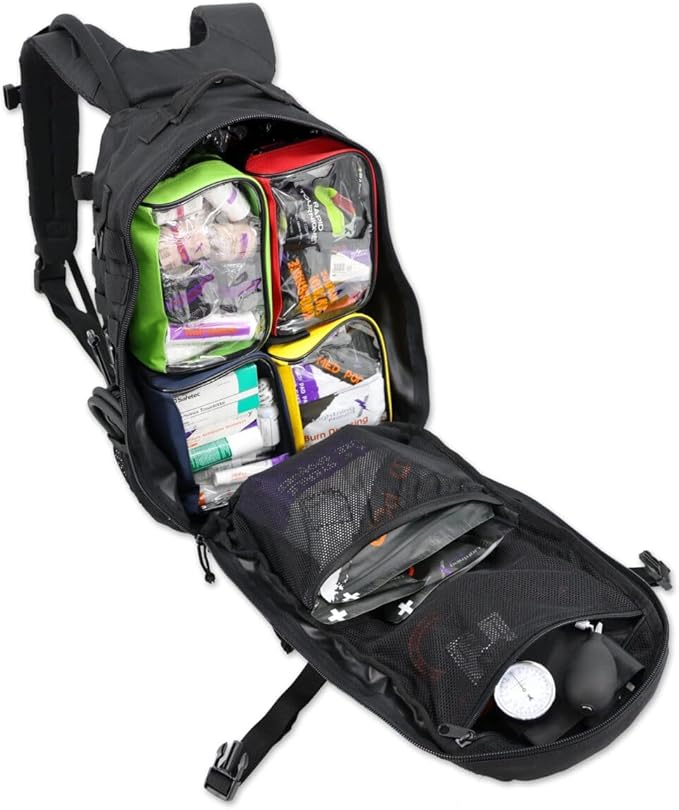 Lightning X Stocked Modular Trauma &amp Bleeding First Aid Responder Medical Backpack + Kit + Hydration Bladder - Black