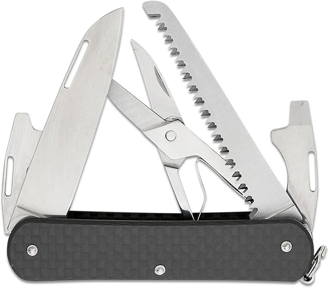 Fox Knives Vulpis FX-VP130-SF5 CF Slipjoint EDC Pocket Knife 5-in-1 Multitool - 2.17in Blade Hacksaw Bottle Opener Can Opener Scissors Flat Head Screwdriver - Every Day Carry (Carbon Fiber)